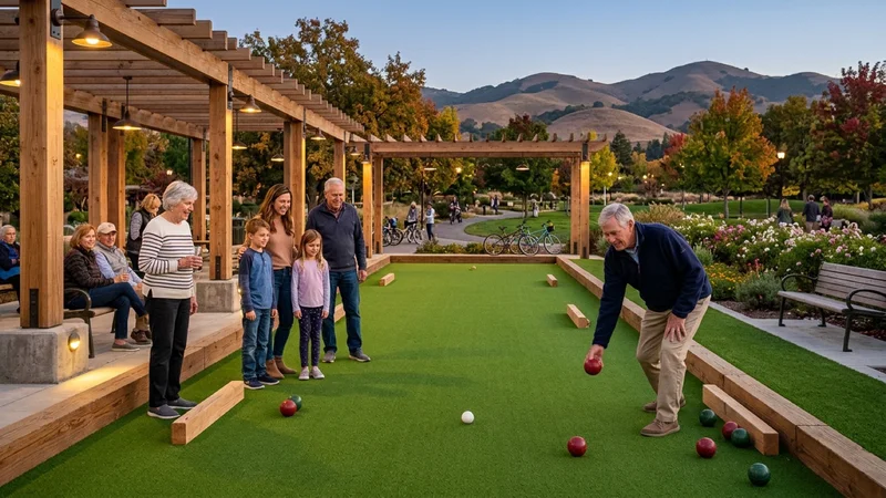 San Ramon seniors and families playing bocce ball on resurfaced green synthetic-turf bocce courts under timber shade arbors with warm LED lights at Memorial Park in San Ramon