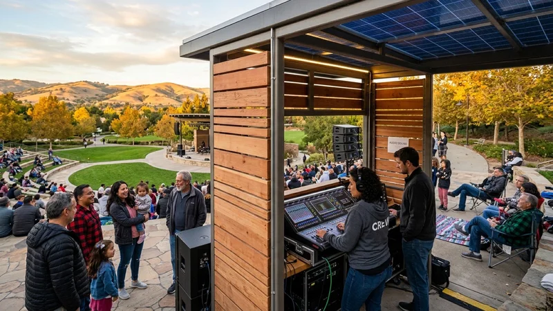 Audio engineers and families gathered around a cedar-and-steel solar-powered sound mixing pergola and terraced stone seating at Central Park Amphitheater in San Ramon