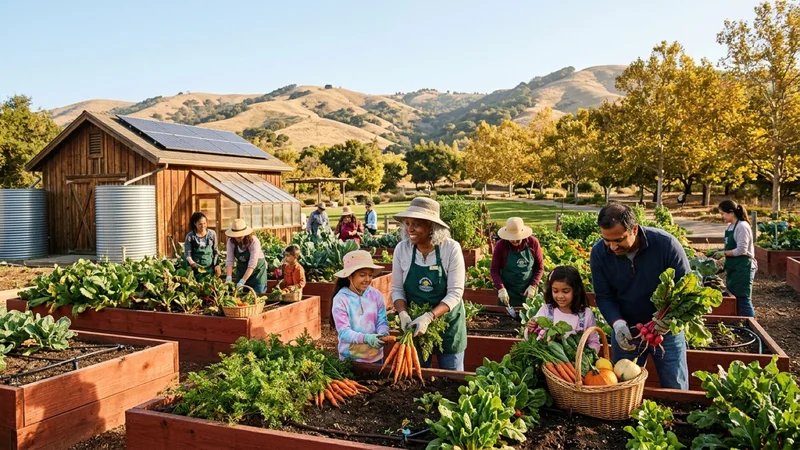 San Ramon families and master gardeners harvesting autumn vegetables in cedar raised garden beds beside a solar-roofed wooden tool barn at Rancho San Ramon Community Park