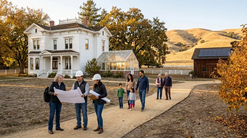 Historic preservation architects and families walking along an orchard path beside the restored 1877 white Victorian Glass House conservatory at Forest Home Farms Historic Park in San Ramon