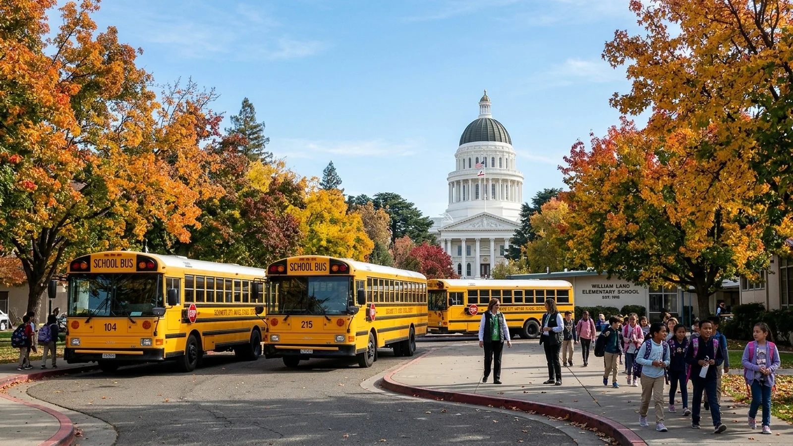 California State Capitol dome rising beyond an elementary school courtyard with yellow school buses