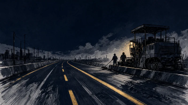 Ink illustration of a dark nighttime highway with glowing yellow lane lines, a large paving machine on the right shoulder, and two silhouetted workers standing beside it under a cloudy sky with distant industrial silhouettes.