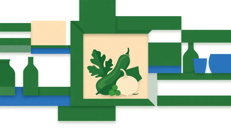 Flat geometric illustration showing stacked green rectangular bars as shelves around a central beige square frame containing stylized green zucchini, white turnip, leaves and small green spheres on a light background.