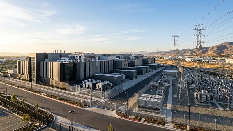 Modern data center building next to electrical transmission towers and utility substation under a clear morning sky