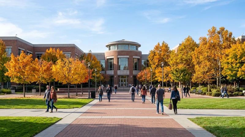 Concord Civic Center plaza and City Hall rotunda surrounded by autumn trees and manicured lawns under a blue sky