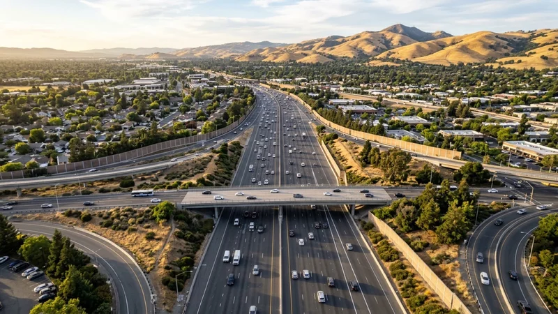 Wide editorial view of the Interstate 680 highway interchange and Willow Pass Road overpass in Concord California with Diablo Valley hills