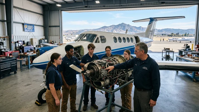 High school students and an aviation maintenance instructor inspecting a light aircraft engine inside a bright hangar at Buchanan Field in Concord California