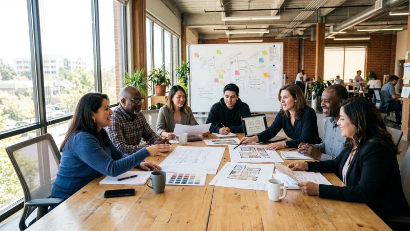 Small business owners and bilingual advisors reviewing storefront plans in a bright entrepreneurship center on Monument Boulevard in Concord California