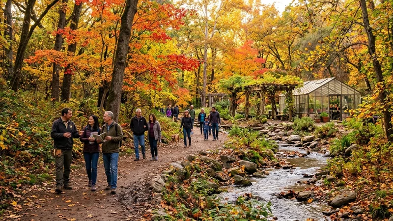 Visitors and arborists walking beneath red and gold autumn foliage along a creek inside Markham Nature Park and Arboretum in Concord California