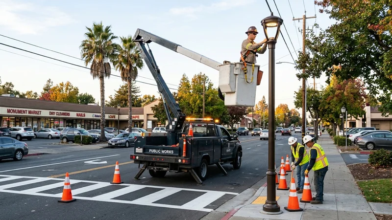Municipal electrical crews using a bucket truck to install pedestrian LED streetlights along Monument Boulevard in Concord