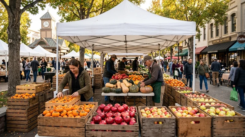 Local farmers arranging crates of autumn persimmons, pomegranates, and winter squash under white canopy tents at Todos Santos Plaza in downtown Concord