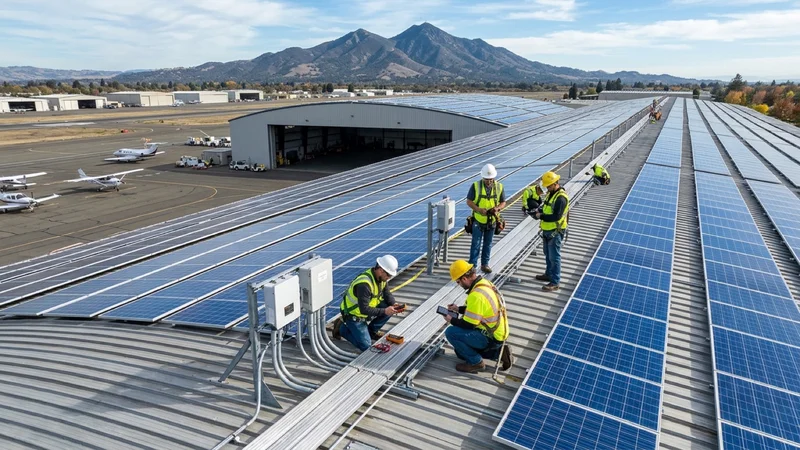 Commercial roofing and electrical technicians inspecting rooftop solar photovoltaic panels mounted atop aircraft hangars at Buchanan Field Airport in Concord