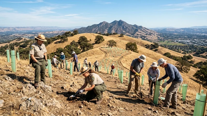 Open-space rangers working with community volunteers to plant native blue oak acorns inside protective tree tubes along the hills of Lime Ridge Open Space in Concord