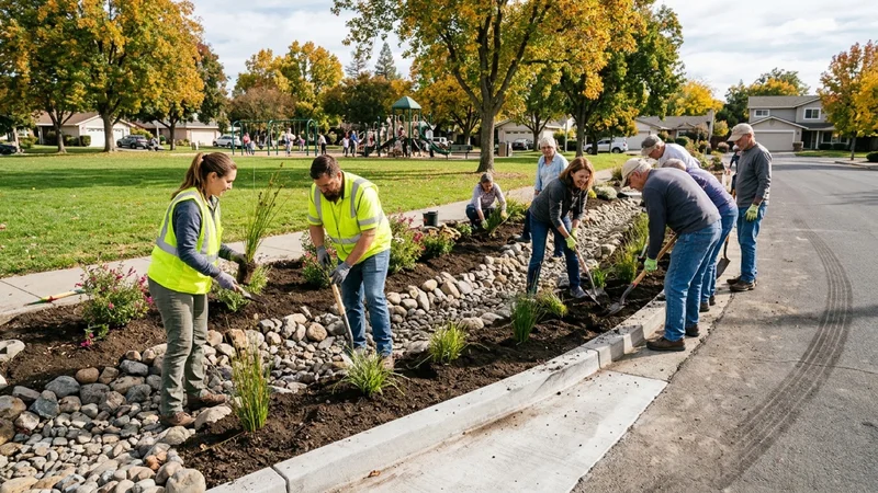 City of Concord stormwater engineers and neighborhood volunteers planting native sedges inside a newly excavated rain garden bioswale at Meadow Homes Park in Concord