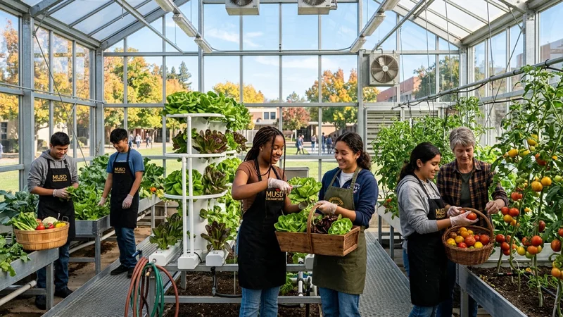 High school culinary and agricultural science students in aprons harvesting hydroponic leafy greens and heirloom tomatoes inside a modern glass greenhouse in Concord