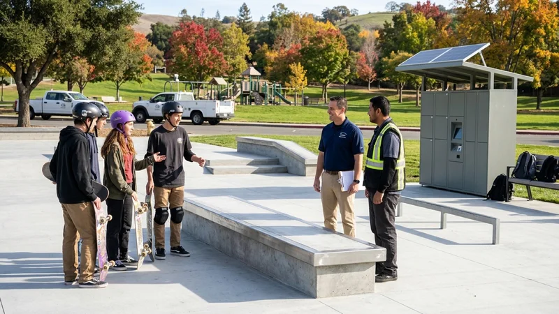 Skateboarders and park staff beside smooth concrete skate ledges, steel grind rails, and a solar smart-locker kiosk at Baldwin Park in Concord