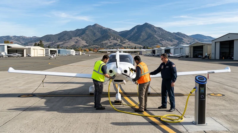 Aviation technicians and flight instructors connecting a high-power electric charger to a two-seat electric training airplane at Buchanan Field in Concord