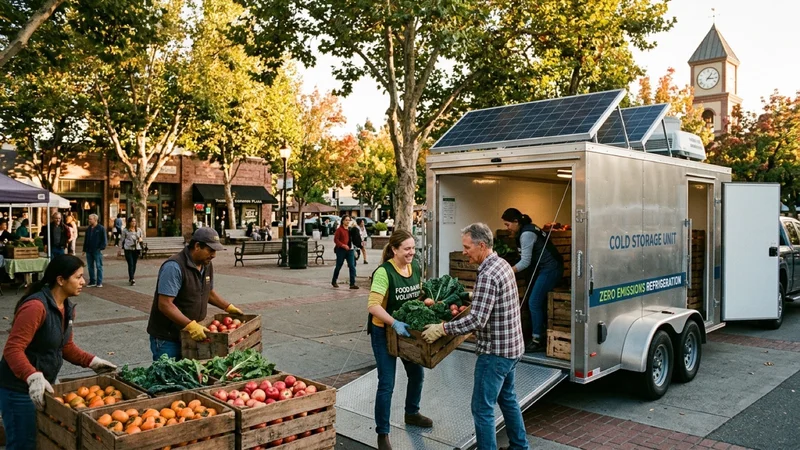 Local farmers and food bank volunteers loading wooden crates of fresh autumn apples and leafy greens into a solar-powered walk-in cold storage unit at Todos Santos Plaza in Concord