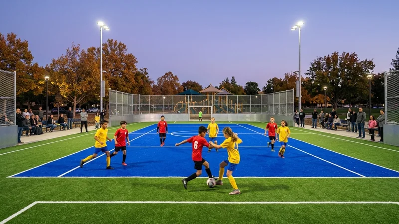 Youth soccer players playing 5v5 futsal on a blue-and-green fenced synthetic-turf mini-pitch court under directional LED lights at John F. Baldwin Park in Concord