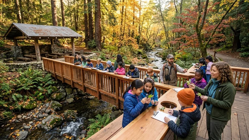 Elementary students and botanists on an elevated redwood observation deck overlooking Galindo Creek beside a stone outdoor classroom pavilion at Markham Nature Park in Concord