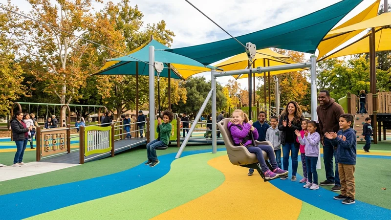 Children riding a dual-lane inclusive playground zip line with an accessible molded bucket seat over blue-and-green poured rubber surfacing beneath shade canopies at Newman Park in Concord