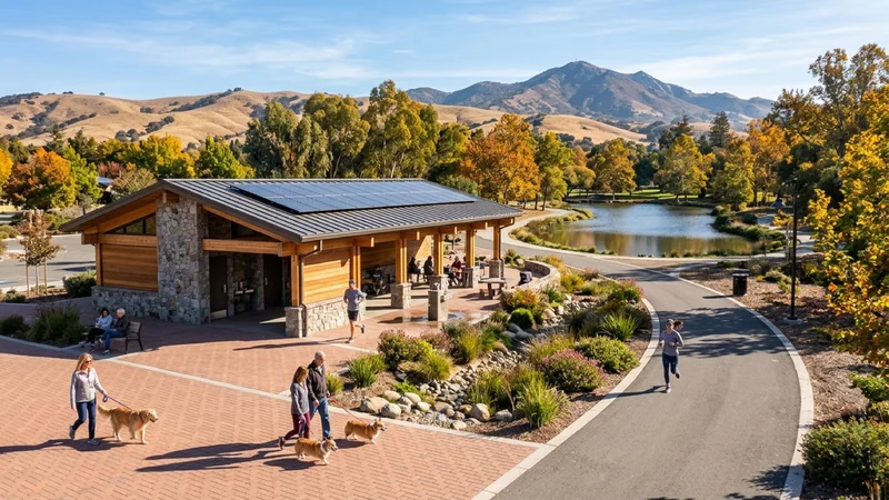 Walkers and dog owners at a newly landscaped park trailhead featuring a cedar-and-stone solar-roofed restroom pavilion, permeable brick parking bays, and a rock-lined bioswale at Newhall Community Park in Concord