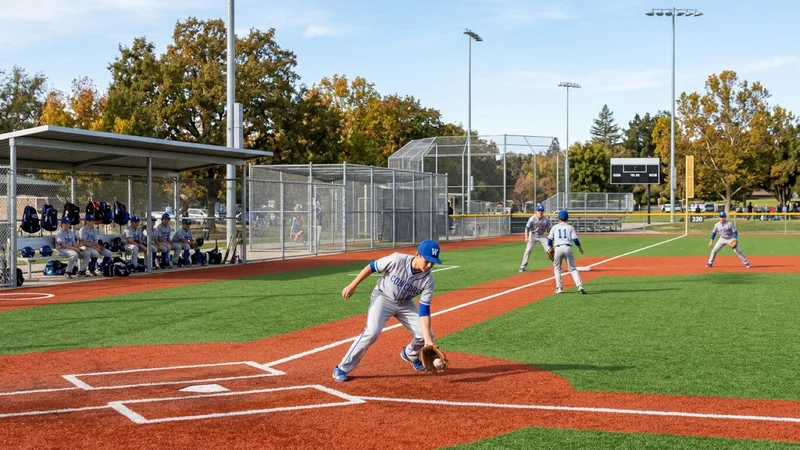 Youth baseball players fielding ground balls on an emerald-and-terracotta synthetic-turf baseball infield beside shaded dugouts and LED-lit batting cages at Willow Pass Community Park in Concord