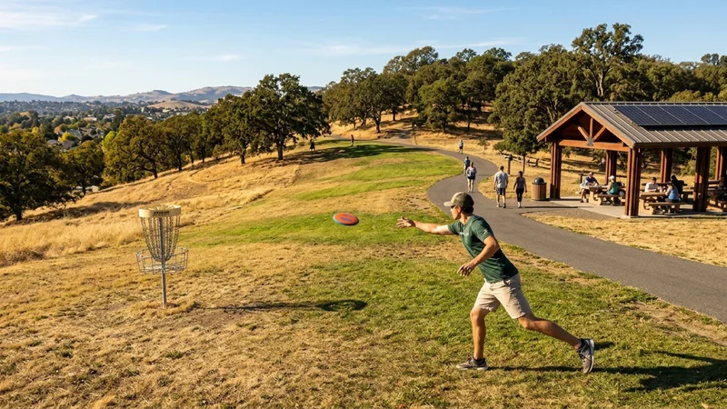 Disc golf players throwing discs toward a galvanized chain basket across a sunny oak-dotted park meadow beside a cedar solar picnic pavilion and paved walking loop at Hillcrest Park in Concord
