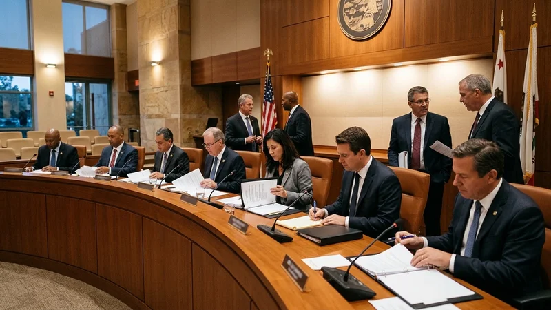 Municipal city council dais and recruitment binders inside council chambers in Antioch, California