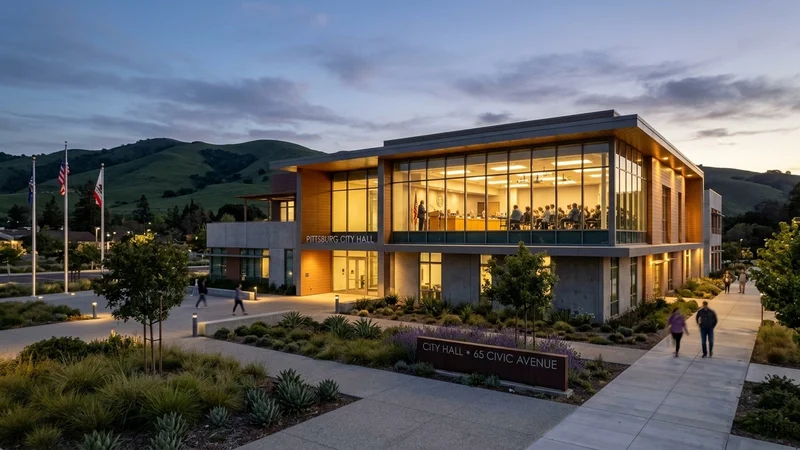 Pittsburg City Hall exterior at dusk with illuminated council chamber windows and East Contra Costa hills in the background