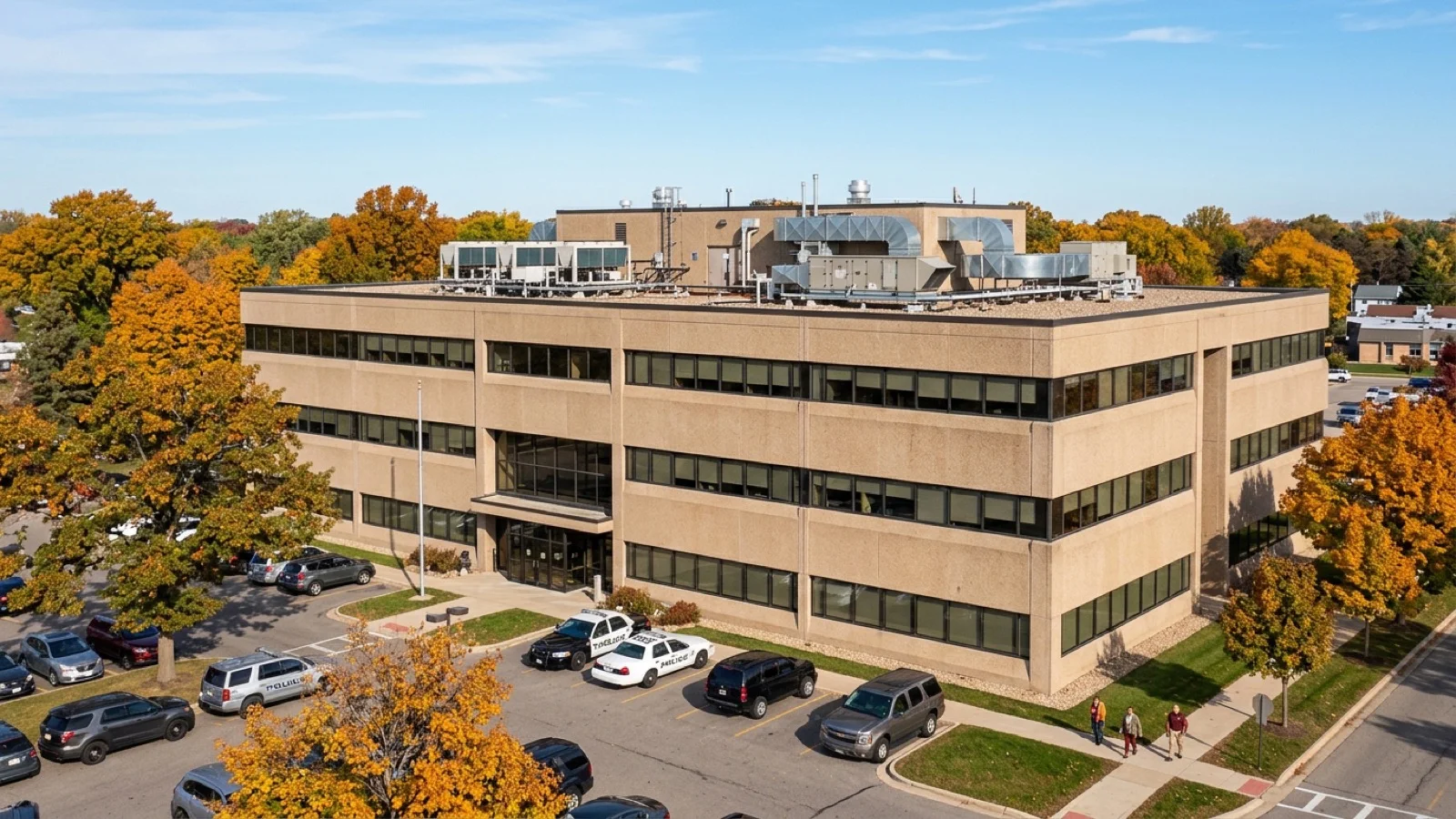 Three-story municipal public safety headquarters building and rooftop mechanical HVAC equipment in Concord, California