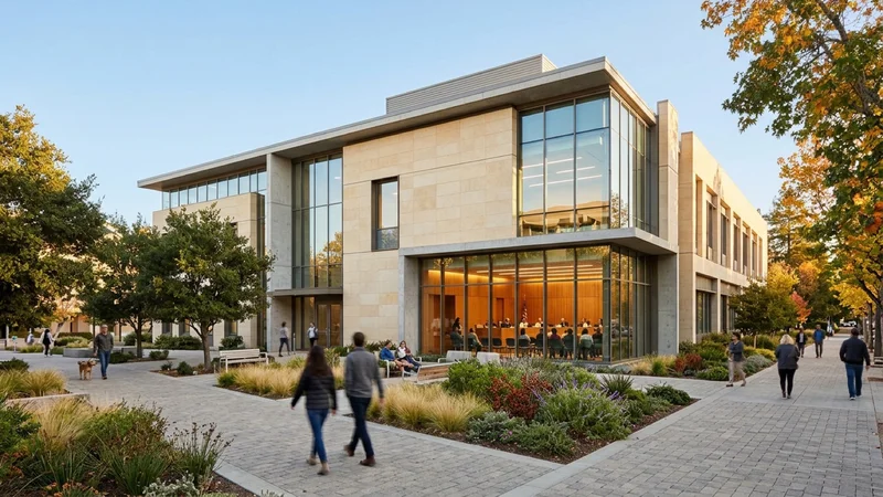 Contra Costa County civic administration building and landscaped plaza under a clear autumn sky