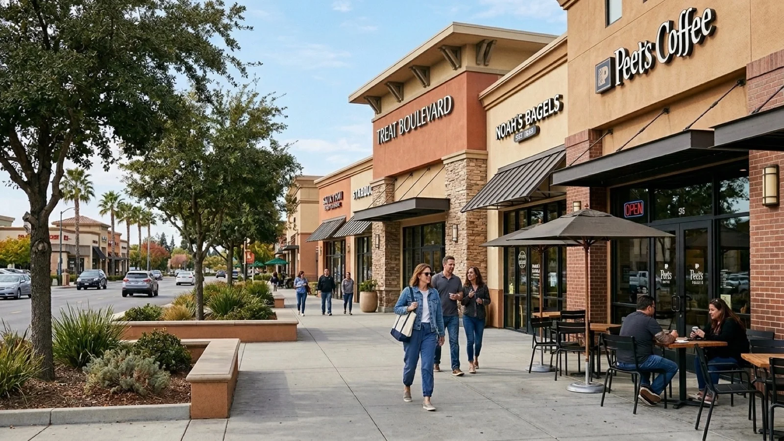 Commercial dining and retail storefronts along Treat Boulevard near Clayton Road in Concord