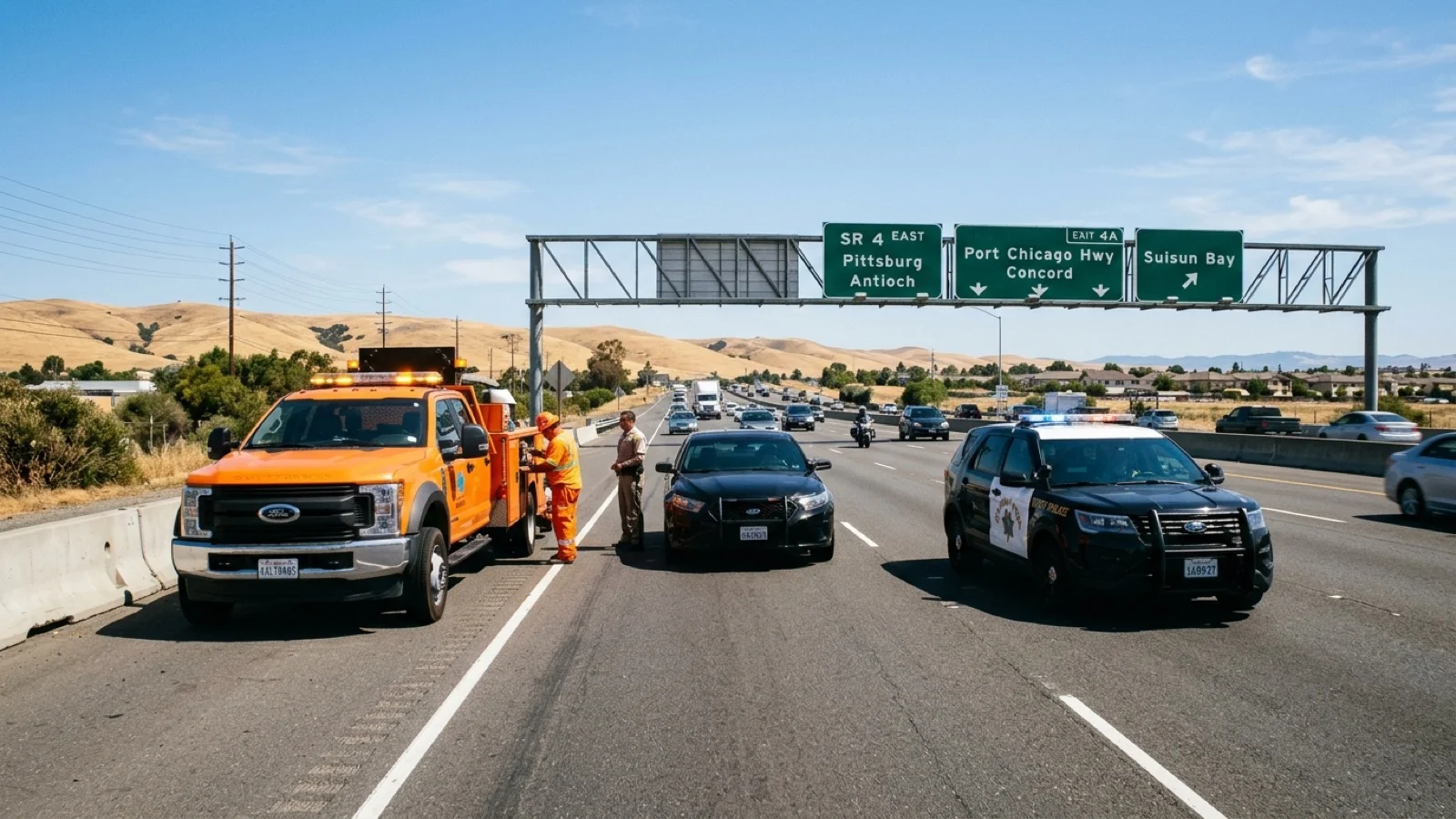 Caltrans maintenance crew and California Highway Patrol clearing State Route 4 near Concord