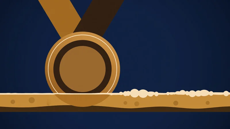 Flat geometric illustration of a bronze medal with brown ribbon resting on a horizontal golden lager pour line with foam bubbles against deep navy background