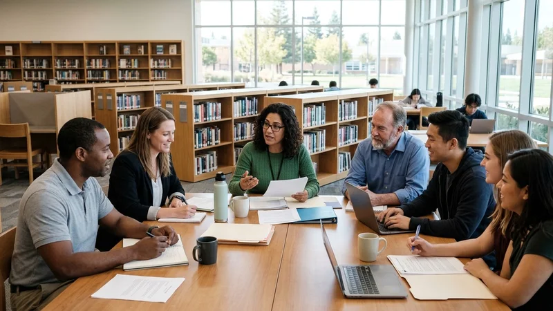 Teachers gathered around a conference table in a Diablo Valley school library reviewing state education funding documents