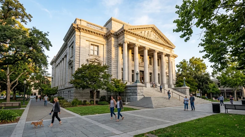 Neoclassical stone courthouse steps and columns in Martinez California bathed in morning sunlight with landscaped trees