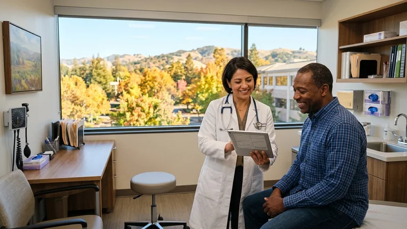 Physician in a white coat reviewing a digital tablet with a smiling patient inside a bright modern county health clinic in Contra Costa County