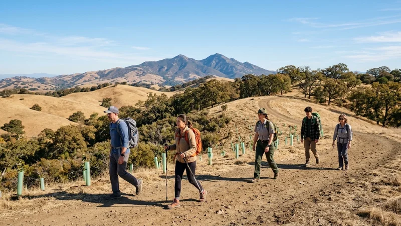 Hikers and park rangers on a restored ridge trail overlooking oak hills and newly planted saplings at Paso Nogal Park in Pleasant Hill California