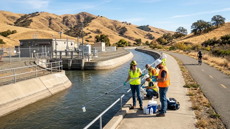 Water utility hydrologists in safety vests taking water samples beside the concrete Contra Costa Canal in Martinez and Pleasant Hill California