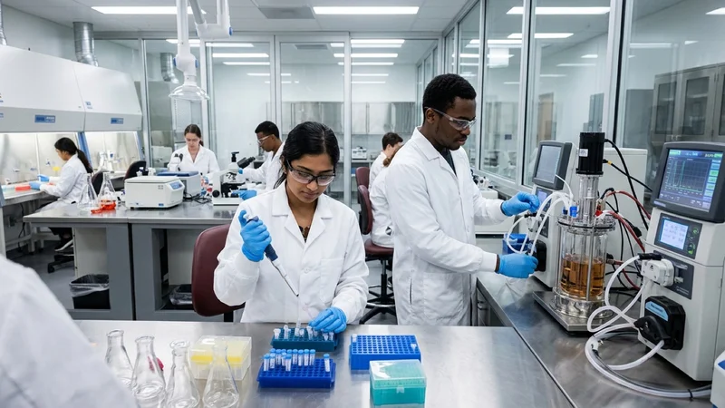 Community college biotechnology students in lab coats working with micropipettes and bioreactors inside a modern cleanroom laboratory at Diablo Valley College