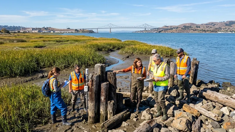 Environmental scientists and engineers examining tidal marsh boardwalk pilings and native tule reeds along the Carquinez Strait shoreline in Martinez