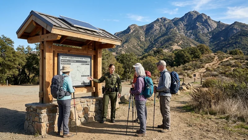 State park rangers and hikers inspecting a newly installed solar real-time parking and trail-condition display kiosk at Mitchell Canyon in Clayton