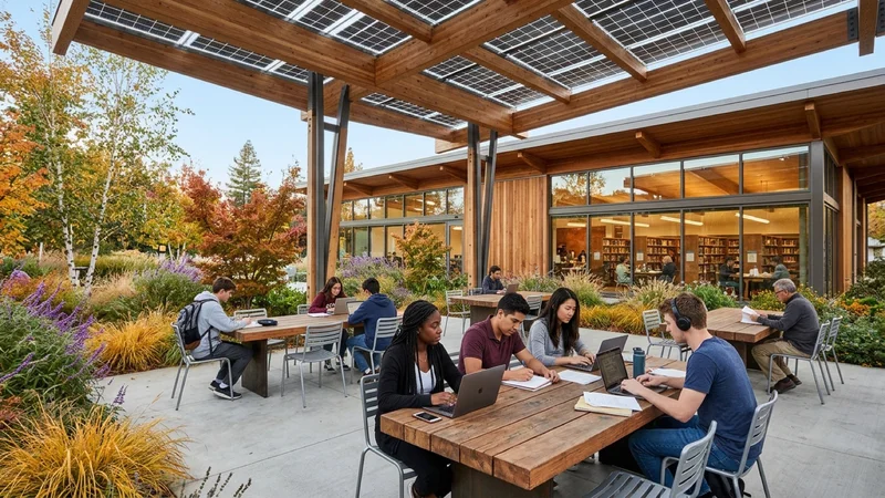Library patrons and teenagers working on laptops at outdoor wooden study tables beneath a modern solar shade pavilion at the Pleasant Hill Library