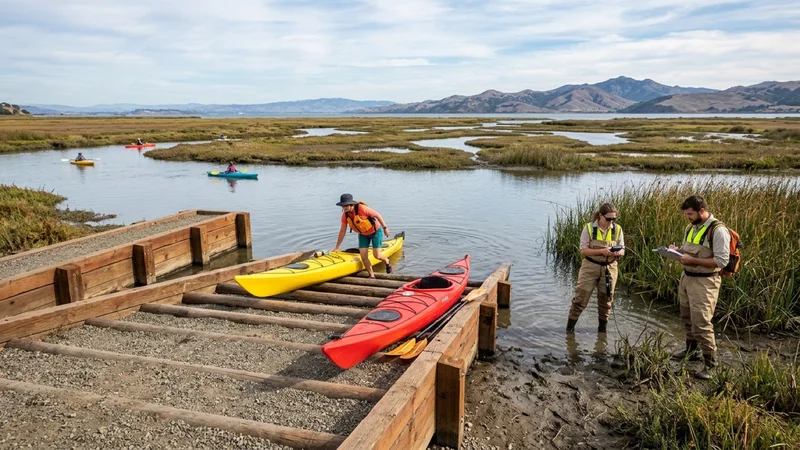 Contra Costa County flood control biologists and paddlers testing a newly opened kayak launch ramp along lower Walnut Creek at Pacheco Marsh
