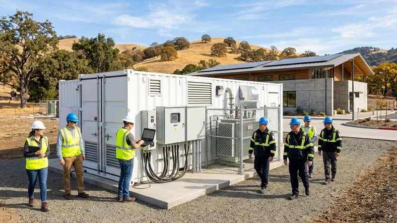 Electrical utility engineers and city emergency managers inspecting a container-sized lithium battery backup unit at a community resilience center in Pleasant Hill