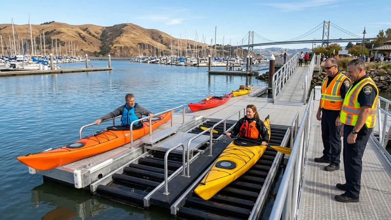 Kayakers launching sea kayaks from a new ADA-accessible aluminum floating dock with a transfer bench and roller chute at Martinez Marina