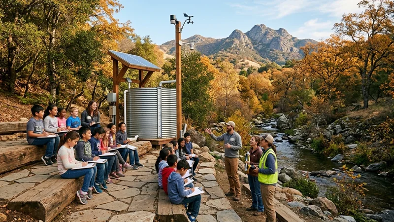 Elementary teachers, students, and engineers beside terraced redwood amphitheater benches and a steel rainwater harvesting cistern in Clayton
