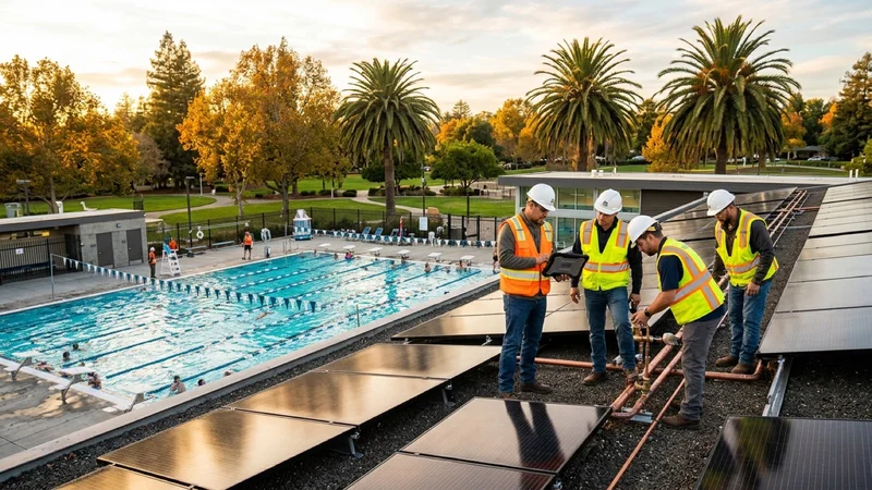 Aquatic park engineers inspecting rooftop solar-thermal collector panels and high-efficiency heat pumps overlooking a community lap swimming pool in Pleasant Hill