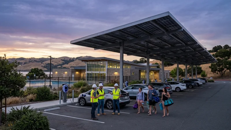 Municipal engineers and swimmers beside electric vehicles plugged into Level 2 EV charging stations under a steel solar carport canopy at Rankin Aquatic Center in Martinez at dusk